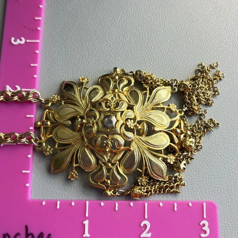 Vintage Gold Tone Chain Fringe Tassel Statement Necklace 24